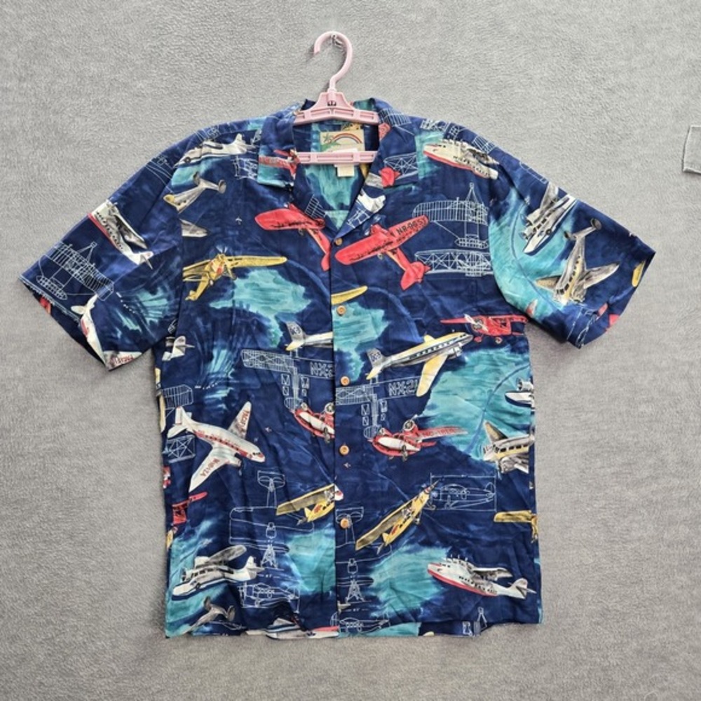 VINTAGE Paradise Found Men Button Up Shirt M Blue Plane Print Made in Hawaii